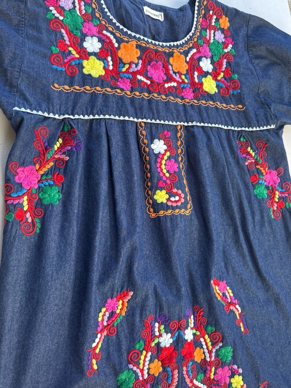 Hand-Embroidered Denim Casual Dress with Multicolor Floral Accents